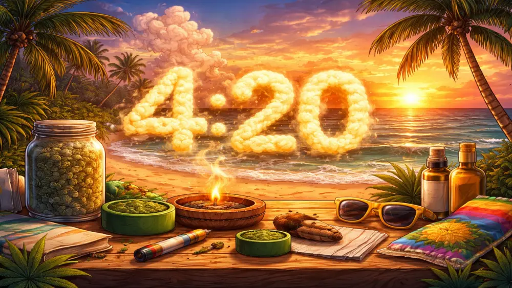 4:20 Cannabis Lifestyle Illustration mit Strand bei Sonnenuntergang, Cannabis Accessoires und entspannter Atmosph&auml;re