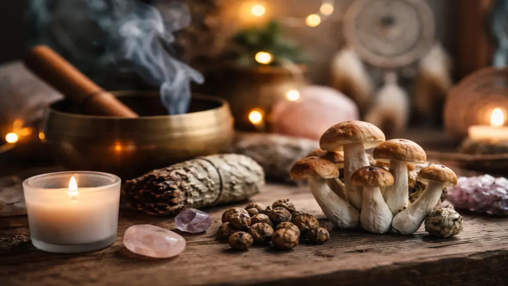 Magische Tr&uuml;ffel und Pilze auf einem Holztisch mit Kerzenlicht, Kristallen und zeremoniellen Elementen in einer warmen, beruhigenden Umgebung