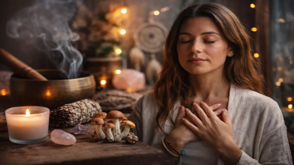 Frau in ruhiger Meditation mit geschlossenen Augen und H&auml;nden auf der Brust, umgeben von Kerzenlicht, Tr&uuml;ffeln und nat&uuml;rlichen Elementen, die Selbstreflexion und innere Ruhe symbolisieren
