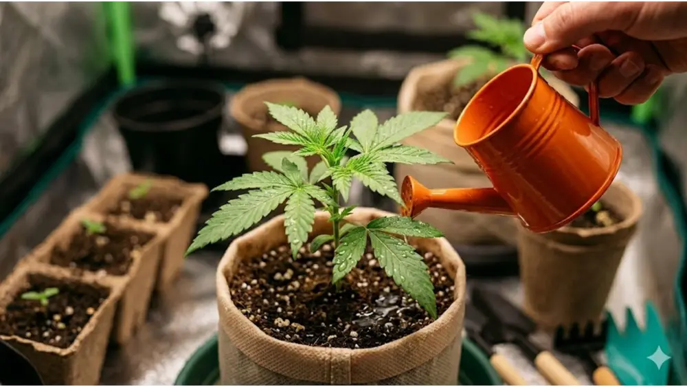 Bewässerung einer Cannabispflanze mit Nährstoffen, die die korrekten EC- und pH-Werte aufweisen