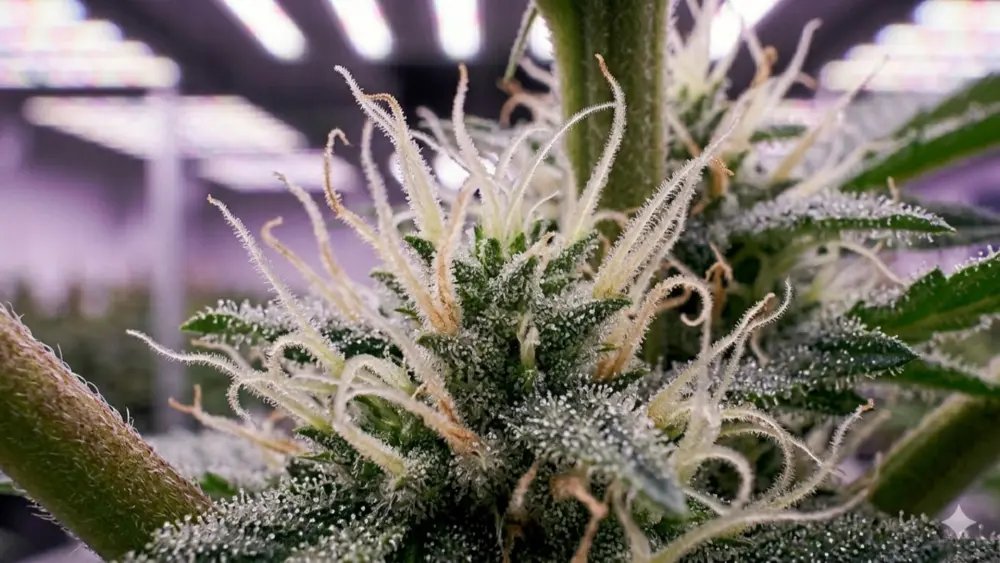 Gesunde Cannabis-Buds w&auml;hrend der Bl&uuml;te mit sichtbaren Trichomen und harzigen Bl&uuml;ten