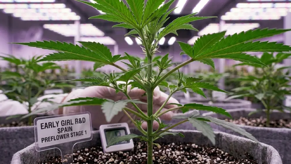 Erste Vorbl&uuml;ten an einer autoflowering Cannabispflanze w&auml;hrend der Bl&uuml;tephase
