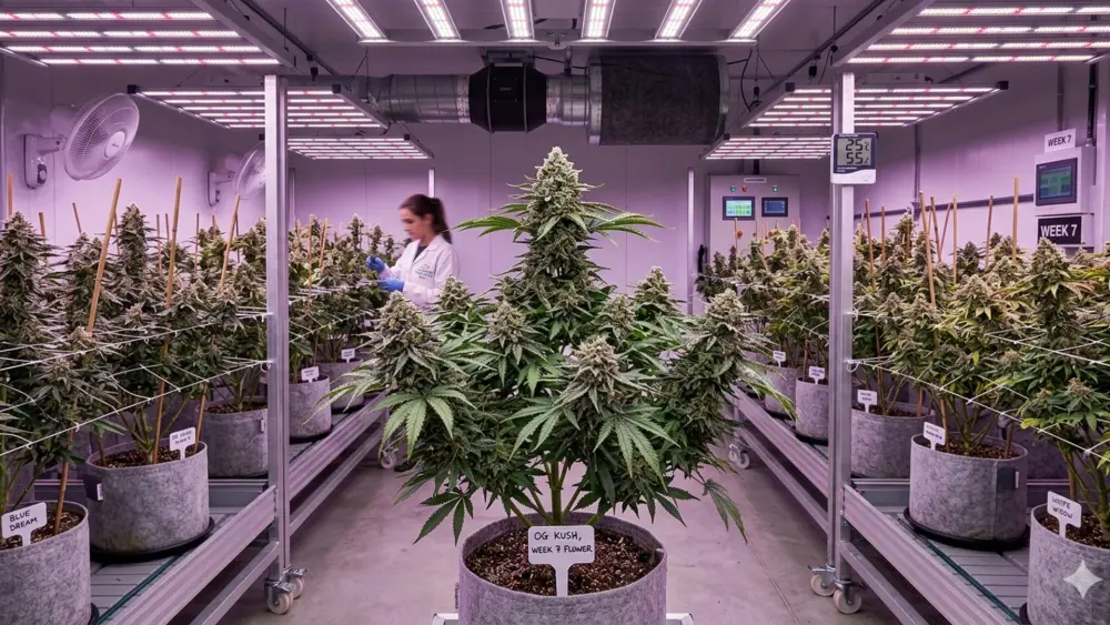 Cannabispflanzen in der Bl&uuml;tephase unter einem regelm&auml;&szlig;igen 12/12-Lichtzyklus