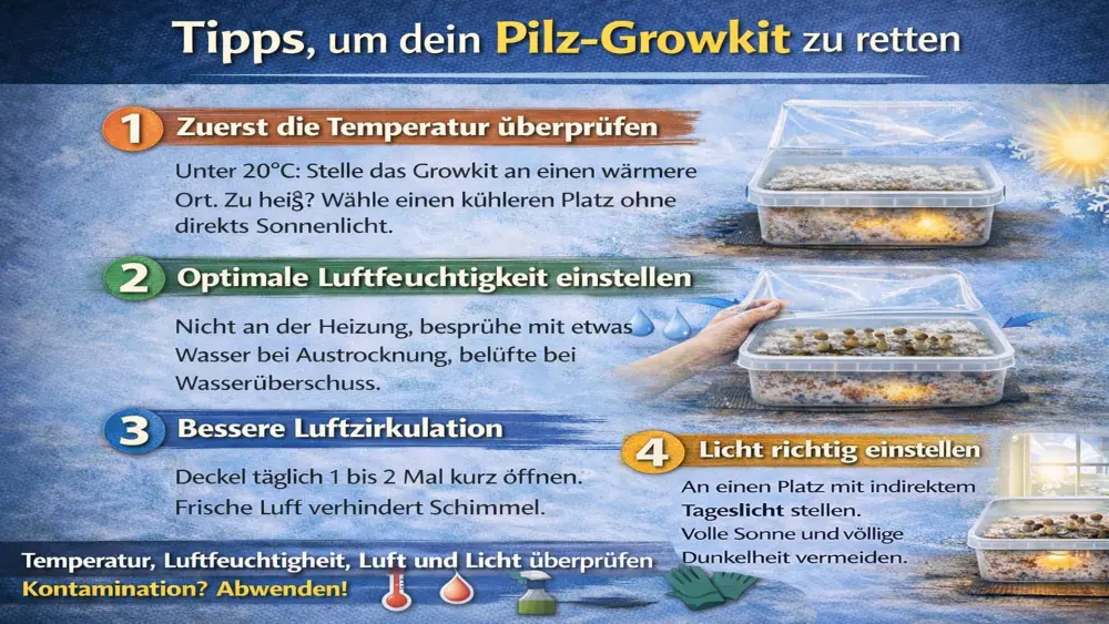 Infografik mit Tipps zur Rettung eines Pilzzuchtsets, einschlie&szlig;lich Temperaturkontrolle, Verbesserung der Luftfeuchtigkeit, Erh&ouml;hung der Bel&uuml;ftung, Nutzung von indirektem Tageslicht und Erkennen von Kontamination.