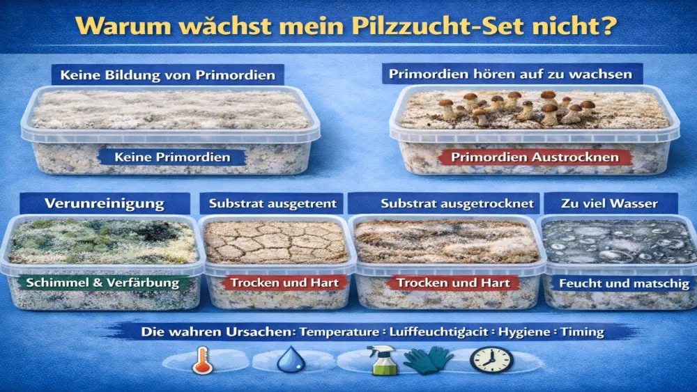 Infografik &uuml;ber Probleme mit einem Pilzzuchtset, darunter fehlende Pin-Bildung, austrocknende Pins, Schimmel, Verf&auml;rbungen, Dehydration und zu viel Feuchtigkeit. Hauptursachen sind Temperatur, Luftfeuchtigkeit, Hygiene und Timing.