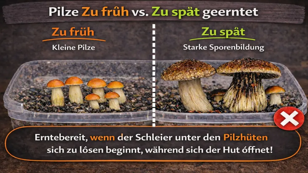 Vergleich der Ernte von Magic Mushrooms: zu fr&uuml;h vs. zu sp&auml;t geerntet