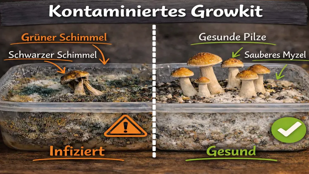 Kontaminiertes Magic Mushroom Growkit mit gr&uuml;nem und schwarzem Schimmel auf dem Substrat