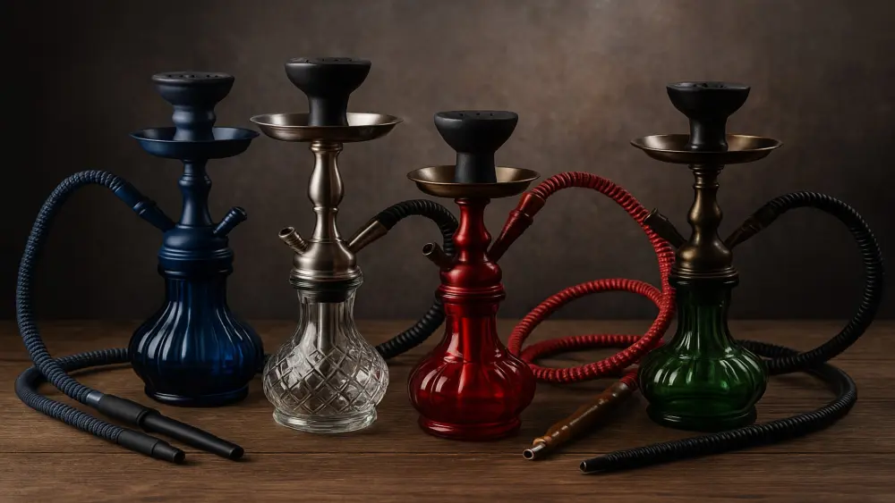 Mehrere Shishas in verschiedenen Farben und Designs auf Holztisch &ndash; blaue, rote, gr&uuml;ne und gl&auml;serne Wasserpfeifen mit Metall-Details in warmer Studio-Beleuchtung.