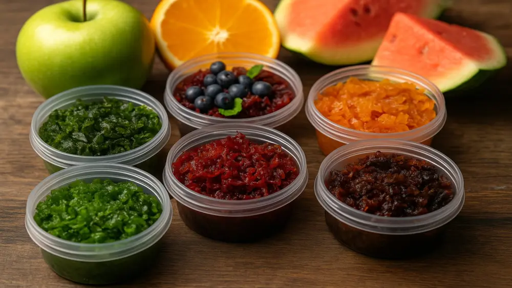 Verschiedene Shisha-Tabak-Sorten in offenen Dosen mit Fr&uuml;chten wie Apfel, Wassermelone, Orange und Blaubeeren auf Holzhintergrund &ndash; bunte Vielfalt an Shisha-Geschm&auml;ckern.