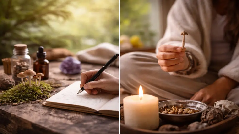 Eine ruhige Umgebung mit Mikrodosierung und Selbstreflexion, in der jemand in einem Tagebuch schreibt, begleitet von Psilocybin und nat&uuml;rlichen Elementen.