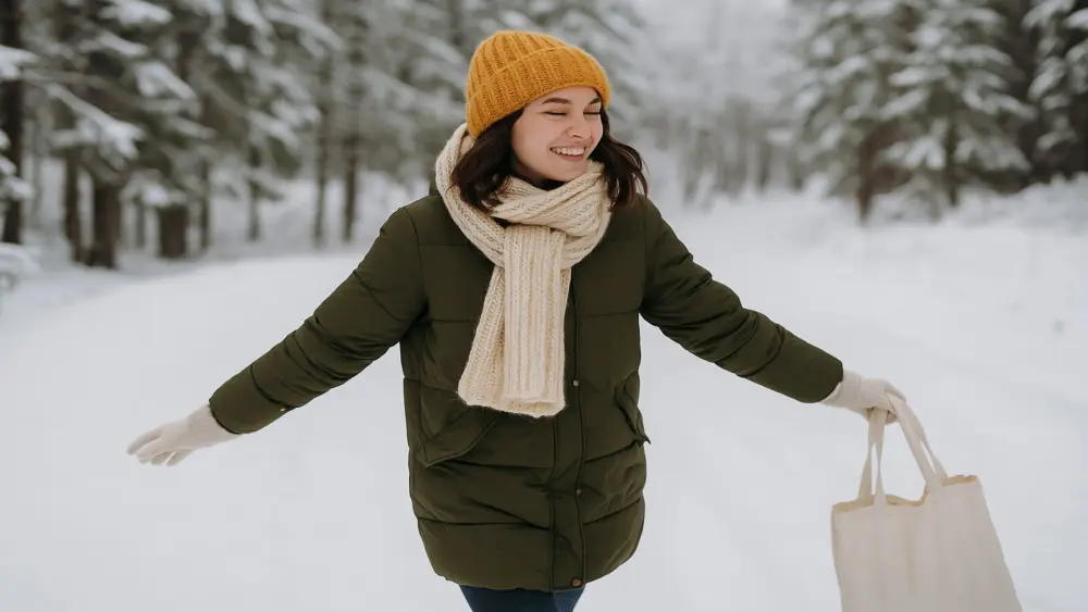 Person geht in einem ruhigen Winterwald mit sanftem Sonnenlicht zwischen den Bäumen, natürliche Atmosphäre von Ruhe und Vitalität