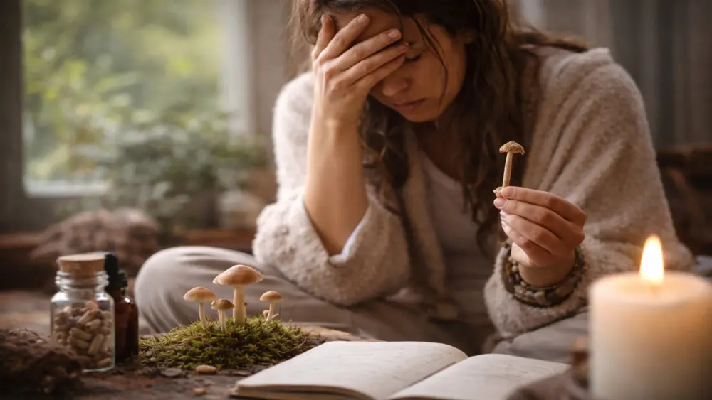 Eine Person in einem verletzlichen Moment emotionaler Reflexion, wobei Mikrodosierung und Psilocybin als Symbol f&uuml;r gesteigerte Achtsamkeit dienen.
