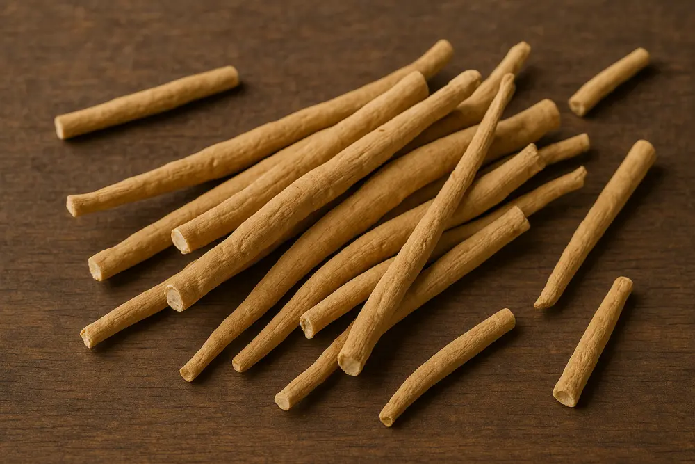 Trockene Ashwagandha-Wurzeln liegen auf einer hölzernen Oberfläche, in warmen Erdtönen und mit deutlich sichtbarer Textur.
