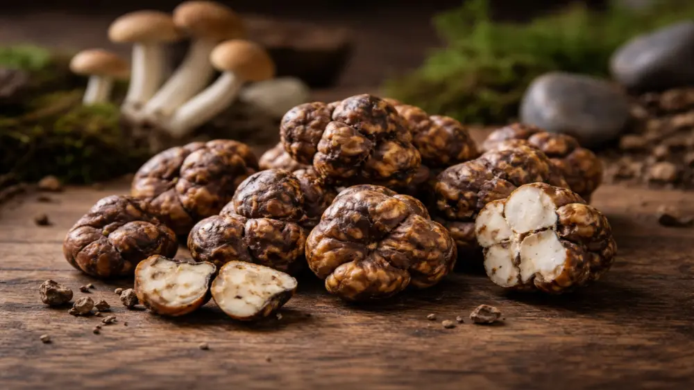 Frische Psilocybin-Trüffel (Sklerotien) auf Holztisch mit natürlichem Hintergrund