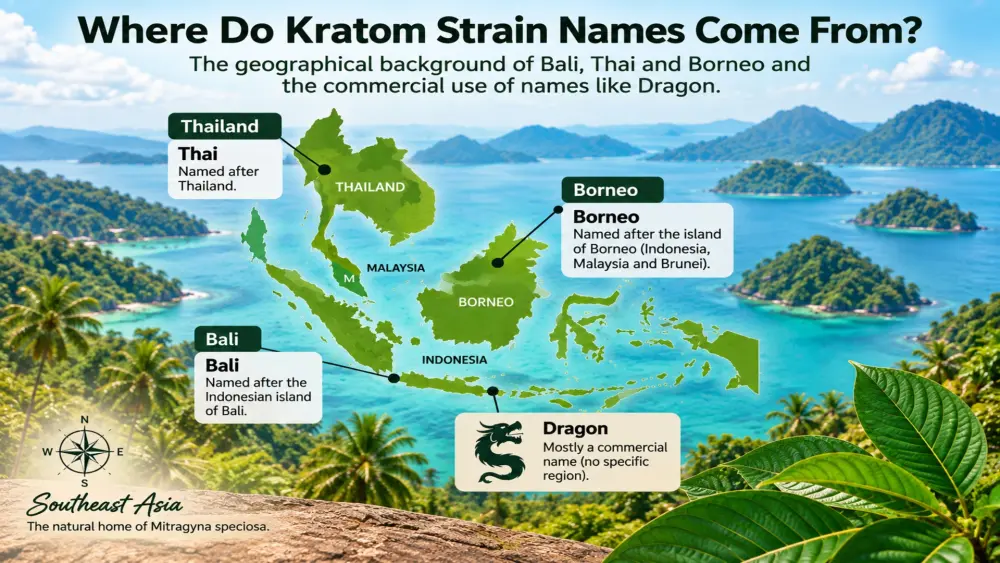 Ursprung der Kratom-Bezeichnungen Bali, Thai und Borneo in Südostasien