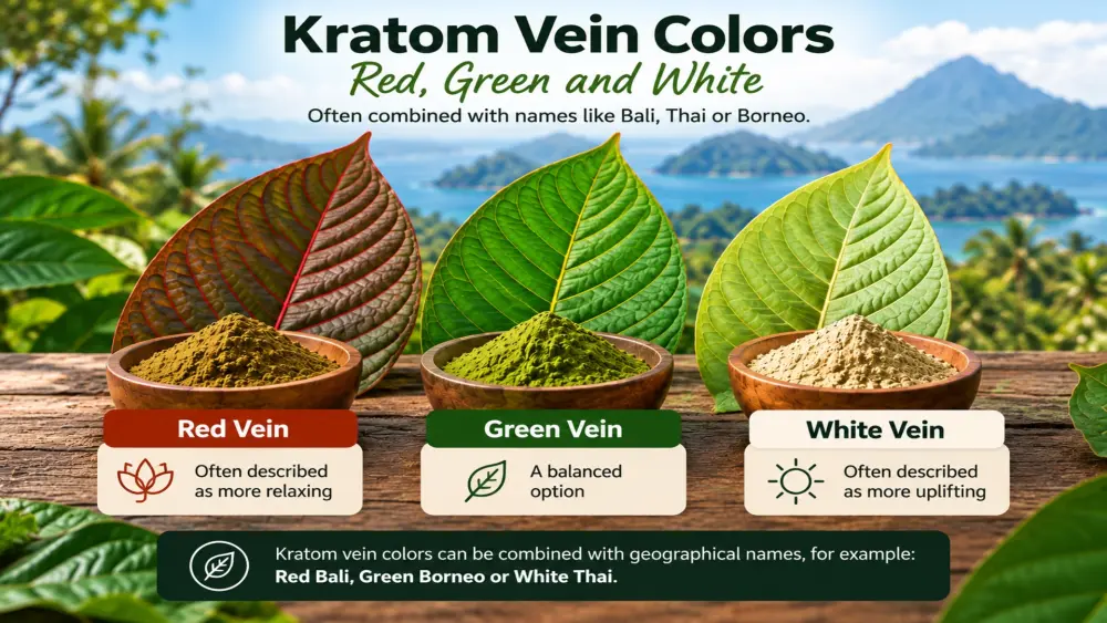 Unterschied zwischen rotem, grünem und weißem Kratom sowie geografischen Kratom-Bezeichnungen